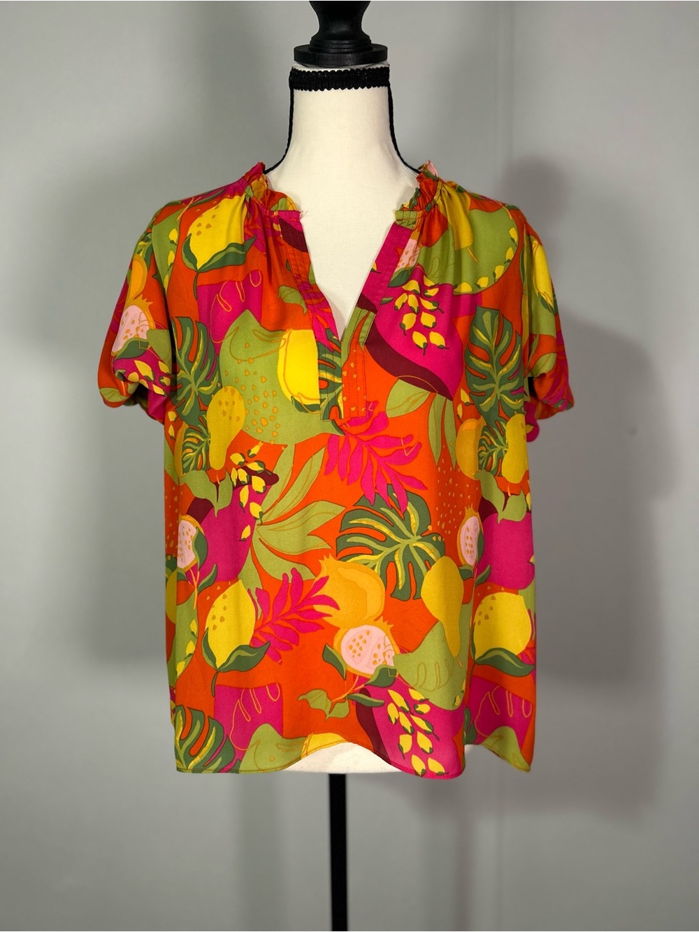 Rose & Olive Tropical Print Short Sleeve Blouse in Orange, Pink & Green
